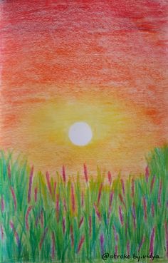 a drawing of the sun setting over some grass