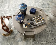 a coffee table with various objects on it