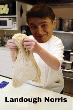 a man holding up a bag of food in his hands with the caption, landough norris