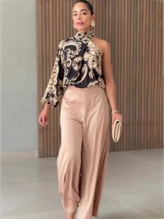 This eye-catching Two Piece Set features a stylish one-shoulder design adorned with vibrant prints, perfectly paired with flowy wide-leg pants for a chic silhouette. Material: Polyester SIZE CHART Flowy Wide Leg Pants, Polyester Satin, Off Shoulder Tops, I Dress, Print Tops, Suits For Women, Leg Pants, Wide Leg Pants, Shoulder Top