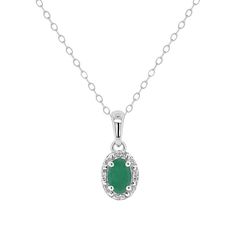 You'll love the impressive design of this sterling silver pendant necklace. Length: 18 in. Drop length: 0.59 in. Chain type: cable Clasp: spring-ring Base material: sterling silver Plating: rhodium Finish: polished Packaging: boxed Additional details: nickel free STONE DETAILS Type: emerald Total weight: 3/8 ct. Center stone size: 6 x 4 mm Shape: oval Color: green Setting: prong DIAMOND DETAILS Total weight: less than 1/10 ct. Clarity: I2, I3 Color grade: H, I Diamond weights are approximate. Di Silver Oval Necklace With Cable Chain, Silver Oval Cable Chain Necklace, Silver Oval Pendant Emerald Necklace, Silver Emerald Oval Pendant Fine Jewelry, Silver Necklace With Emerald Oval Pendant, Classic Silver Oval Emerald Necklace, Sterling Silver Oval Pendant Emerald Necklace, Sterling Silver Emerald Necklace With Oval Pendant, Sterling Silver Necklace Pendants