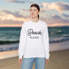 "BEACH please" sweatshirt – a perfect fusion of style and attitude that encapsulates the essence of seaside bliss! Elevate your casual wardrobe with this chic and sassy statement piece that effortlessly exudes laid-back vibes. Whether you're enjoying a coastal stroll, catching waves, or simply unwinding under the sun, this sweatshirt is designed to complement your beachy lifestyle. The versatile design seamlessly transitions from day to night, making it a must-have for every beach enthusiast's wardrobe. More than just a fashion statement, the "BEACH please" sweatshirt is a conversation starter – guaranteed to turn heads and elicit smiles wherever you go. Share your love for the beach and proudly declare your seaside state of mind to the world. S M L XL 2XL 3XL Width, in 20.00 22.01 24.00 2 Beachy Lifestyle, Beach Please, Us Beaches, State Of Mind, Casual Wardrobe, Fashion Statement, Statement Pieces, The Sun, Essence