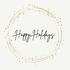 the words happy holidays written in black ink on a white background with gold dots around it