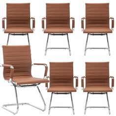 six brown office chairs with chrome legs and armrests, all in different positions