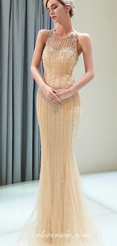 Gold Bead Rhinestone Round Neck Sleeveless Mermaid Prom Dresses,CP0365 – clover sew Gold Beads, Prom Dress