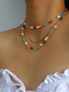 Colorful Natural Stone Stacked Beads Necklace - floysun Color Palette For Jewelry, Beaded Pearl Necklace, Colorful Beaded Necklace, Necklaces Pearl, Stone Bead Jewelry, Edison Pearls, Stacked Necklaces, Necklace Collection, Gemstone Beaded Necklace