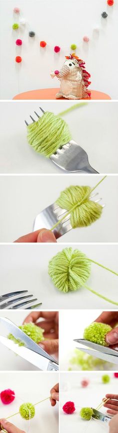 the process to make yarn flowers is shown in four different stages, including using scissors and thread