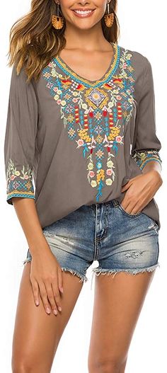 Fall Boho Embroidery Mexican Bohemian Tops Peasant 3/4 Sleeve V Neck Shirt Tunic Blouses Bohemian Half Sleeve Blouse For Spring, Bohemian Half Sleeve Tops For Fall, Spring Bohemian Half-sleeve Blouse, Spring Bohemian Half Sleeve Blouse, Bohemian Tops With 3/4 Sleeve And Floral Embroidery, Bohemian Blouse With 3/4 Sleeve Floral Print, Bohemian Embroidered Blouse With 3/4 Sleeves, Bohemian Half Sleeve Blouse With Floral Embroidery, Bohemian Half-sleeve Blouse With Floral Embroidery