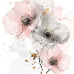 some pink flowers on a white background with gold flecks and paint splatters