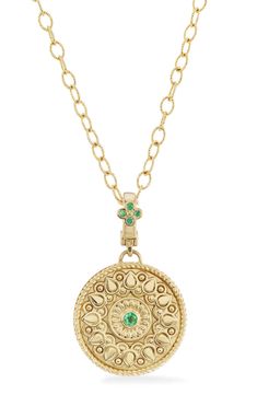 A meditative mandala pendant is centered and anchored with vibrant emeralds on this delicate 18-karat-gold chain necklace. 18k gold/emerald Imported Mandala Pendant, Mandala Necklace, Sapphire Necklace Pendants, Diamond Tennis Necklace, Anchor Necklace, Gold Medallion, Perfume Gift Sets, Onyx Necklace, Perfume Gift