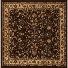 a brown and beige rug with an ornate design