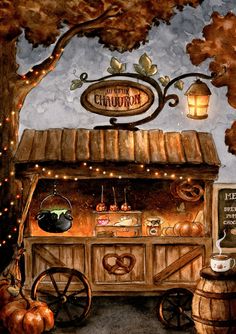 a painting of an old fashioned bar with pumpkins on the table and lights around it