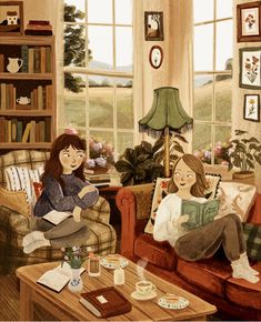 two women sitting on couches in a living room with books and coffee mugs