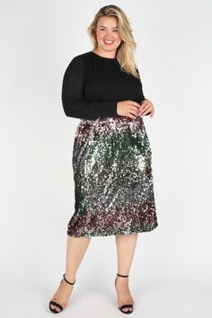 Ready for the party or dress it down, either way this midi length sequin skirt is sure to make a splash. Available in sizes 1X, 2X, 3X only. Skirt colors are Gold - Pink - Green. Fall Sequined Skirt, Sequin Skirt For Night Out In Fall, Fall Sequin Skirt For Night Out, Winter Sequin Skirt For Night Out, Spring Midi-length Contrast Sequin Dress, Spring Festive Bottoms With Contrast Sequin, Spring Knee-length Sequin Dress With Contrast Sequin, Spring Knee-length Sequin Dress With Contrast, Spring Knee-length Contrast Sequin Dress