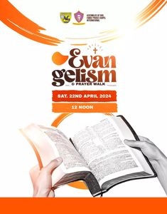 an open book with the words evangelism and prayer walk written on it in orange