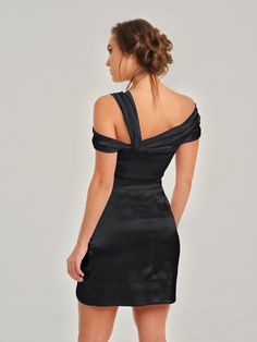 This feminine mini dress will make you feel irresistible with its gentle details. The intricate off-shoulder design features an asymmetric drape at the front, above-knee length and an invisible zip closure.  The dress is fully lined and its soft satin fabric will ensure you feel comfortable. It is fitted to the waist and shapes the body beautifully, bringing all eyes on you.  Choose this amazing look for your special occasion and enjoy every minute of wearing it! Hand wash only. Wash inside out Pink Satin Fabric, Draped Mini Dress, Mini Dress Black, Gifts For New Mums, Blazer With Jeans, Pearl Jewellery Earrings, Invisible Zip, All Eyes, Shoulder Design