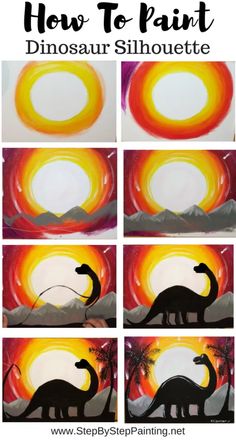 how to paint dinosaur silhouettes with the sun in the background