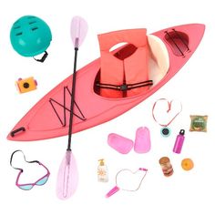 a pink kayak with paddles and accessories for the oar, including life preservers