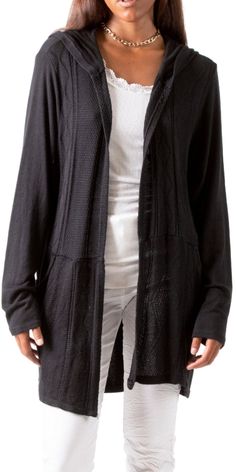 Hooded Long Knit Cardigan with Side Pockets. Features a Knitted Argyle Design on the Front. 51% Viscose, 25% Polyester, 24% Nylon Made in Italy One Size Model 5'7" Cozy Fine Knit Outerwear, Layering Fine Knit Outerwear, Black Stretch Open Knit Cardigan, Stretch Winter Cardigan For Layering, Winter Stretch Cardigan For Layering, Fitted Open Knit Outerwear For Layering, Hooded Soft Knit Cardigan, Stretch Open Knit Long Sleeve Outerwear, Stretch Knit Fabrication Cardigan For Layering