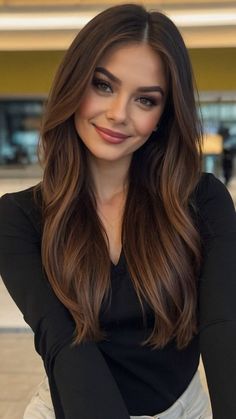 Brown Hair For Natural Blondes, Dark Hair And Caramel Highlights, One Color Brown Hair Brunettes, Dark Features Hair Color, Coffee Bean Brown Hair, Golden Brown Hair On Tan Skin, Natural Brown Hair Color With Highlights, Toned Down Highlights, Brunette Color With Highlights