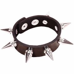 Punk, biker, vampire or rocker?  The possibilities are endless when you have this amazing accessory.  This black leather bracelet buckles closed around the wrist.  This bracelet has 2 rows of metal spikes.  Bracelet is a generous 10 inches in total length and slightly over 1 inch wide.  Spikes are a poky 1/2 inch long.  Complete… Black Edgy Wristband With Studs, Punk Black Bracelet With Silver Studs, Punk Style Studded Leather Bracelet, Edgy Leather Bracelets With Studs, Punk Leather Bracelet With Studs, Black Leather Punk Bracelet With Silver Studs, Edgy Black Leather Bracelet With Studs, Edgy Black Leather Bracelet With Spikes, Edgy Leather Bracelet With Studs