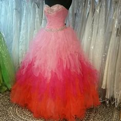 Mori Lee Ombre Ballgown Coral Pink Quinceanera Dresses, Quincenera Dresses Peach And Purple, Orange Ballgown, Pink Floor-length Quinceanera Dress For Pageant, Luxury Pink Floor-length Quinceanera Dress, Mori Lee, Orange Ombre, Ruffle Skirt, Sweetheart Neckline