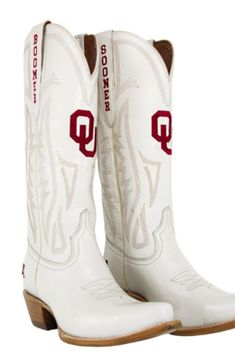 Your favorite Gameday Accessory now comes in premium ivory leather. Same, can’t get enough of it, fresh leather smell….New look! These handcrafted boots are sure to provide quality and comfort for countless Championship seasons to come. Made of premium, genuine ivory leather Goodyear Welt construction Ultracomfort memory foam insole Smooth leather lining for a soft, comfortable feel Natural stacked wood heel Subtle contrast, classic western embroidery stitching on the toe and shaft Multiple embr Fitted White Snip Toe Boots, White Fitted Casual Boots, Casual White Fitted Boots, Classic White Fitted Boots, Classic White Snip Toe Boots, White Almond Toe Boots With Branded Insole, Cream Fitted Snip Toe Boots, Western Embroidery, The University Of Oklahoma