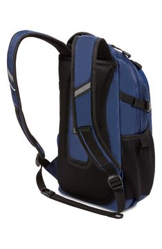 a blue and black backpack with straps on the front, sitting against a white background