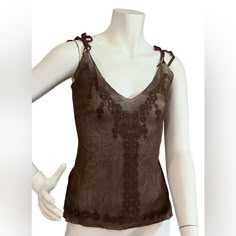 Max Studio Special Edition Brown Stretch Mesh Camisole, Sz. S, New With Tags. This Beautiful And Delicate Is Made Of Mesh With Woven Flower Designs Around The Edges And Down The Front Spring Fitted Camisole With Wide Straps, Elegant Fitted Tank Top With Wide Straps, Digital Closet, Max Studio, Women's Intimates, Flower Designs, Mesh, Wardrobe, Tags