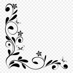 a black and white floral border with butterflies on it, transparent background png clipart