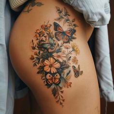 Women's Tattoo Thigh, Wildflower Knee Tattoo, Flower Hip Tattoos Women, Beautiful Thigh Tattoos For Women, Highlander Cow Tattoo, Outer Thigh Tattoos Women, Lower Belly Tattoos For Women Cover Up, Petite Tattoos For Women, Floral Hip Tattoo Thigh Piece