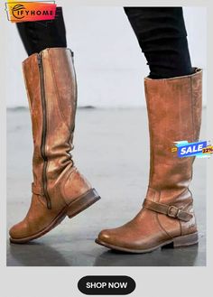 Vintage Round Toe Buckle Tall Boots Chunky Heel Riding Boots Round Toe Knee-high Boots For Fall Outdoor Activities, Brown Round Toe Knee-high Boots For Outdoor, Wide Calf Moto Boots With Flat Heel For Fall, Wide Calf Moto Boots For Outdoor Fall, Knee-high Moto Boots For Outdoor Fall Events, Wide Calf Moto Boots For Fall Outdoor Activities, Fall Outdoor Knee-high Moto Boots, Closed Toe Riding Boots For Fall, Closed Toe Boots For Riding In Fall