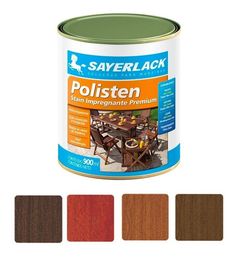 a can of polisten paint with different colors