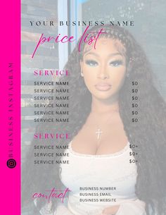 Price list and service name template for makeup and hair services downloadable and editable digital product template List Of Beauty Products, Make Up Price List Ideas, Makeup Price List Template, Price List For Vinyl Business Cricut, List Of Services Template, Hair Care List, Wig Price List Ideas, Hair Services Price List, Makeup Services List