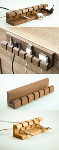 three different angles of a wooden shelf with wires attached to it