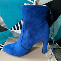 Brand New Blue Booties Blue Suede Boots With Round Toe, Blue Ankle-high Boots For Spring, Casual Blue Pointed Toe Boots, Trendy Blue Heels For Fall, Casual Blue Heels For Winter, Blue Winter Boots With Block Heel, Trendy Blue Suede Boots, Blue Block Heel Boots For Winter, Blue Ankle-high Winter Heels