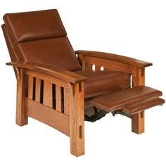 a wooden chair and ottoman with leather cushions