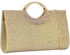 PRICES MAY VARY. Advantage --- 1. 100% Same Quality As Famous Brand. 2. We use a more expensive and sturdy metal chain with lobster claw, not cheap hook. 3. Attached a Dexmay Storage bag. 4. Factory Price. Material --- This women clutch is made of gold glitter fabric decorated with both side of iridescent crystal, which is very sparkling like a diamond and easy to match your evening dress, shoes and nail polish. Inside satin lining with slide pocket. Accessories --- This bling bridal clutch have Prom Clutch, Formal Clutch, Elegant Clutch, Expensive Dresses, Party Handbags, Rhinestone Clutch, Party Clutch, Iridescent Crystal, Wedding Clutch