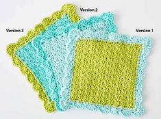 three crocheted squares are shown with the names and numbers for each item on them