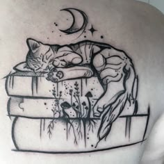 a man's back with a cat sleeping on top of books and the moon above him