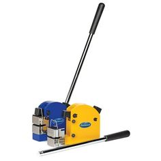 a yellow and blue machine with a black handle on it's head is sitting in front of a white background