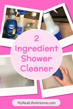 the words, 2 ingredient shower cleaner are shown in four different pictures with pink background