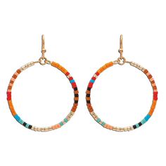 Carry a rainbow of color with you whenever you wear these fun boho-style hoop earrings from Rain Jewelry. They're an accessorizing treasure because they go with just about any outfit in your closet. Front-facing gold wire rings thread through tiny, colorful seed beads to create a wow effect wherever you go. | Hoop earrings from Rain Jewelry feature multicolor seed beads around gold wire rings. | Base metal. | 1.5" L Jewelry Hoops, Seed Bead Hoop Earrings, Gold Wire Ring, Rain Jewelry, Bead Hoop Earrings, Jewelry Colorful, Wire Rings, Beaded Hoop Earrings, Beaded Hoops