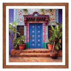 a painting of a blue door and some potted plants in front of a building