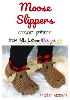 crochet pattern for moose slippers with text overlay reading moose slippers crochet pattern from blackstone designs