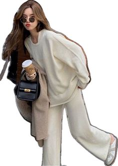 Casual Cream Sets For Fall, Casual Fall Sets With Long Pants, Casual Sets With Long Pants For Fall, Beige Casual Sets For Fall, Sweater Two Piece Set, Relaxed Fashion, Wide Leg Pant Suit, Sweater Tops, Knitted Suit