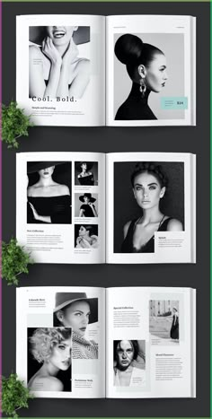 an open magazine with photos and text on the pages, in black and white colors