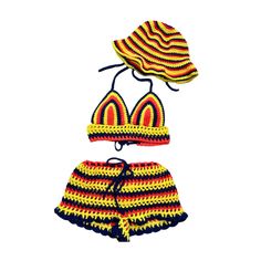 Crochet Mesh Shorts with matching crop top and bucket hat in colors red yellow and blue. Set includes all 3 items. Individual items can be purchased from shop page.  Exact order of color striping will vary as the pattern changes depending on size. Crop top is halter top with ties behind the neck and at the back. Shorts have tie at waist area. Hat is one size adult head circumference approximately 23 inches.  Set is made to order- size guidelines in photos. Can be made to exact measurements if requested in personalization section. Yellow Summer Sets For Beach Season, Yellow Sets For Beach Season, Yellow Beach Sets For Beach Season, Playful Yellow Sets For Vacation, Fun Summer Beach Sets, Red Sets For Summer Festival, Yellow Summer Vacation Sets, Multicolor Cotton Beach Sets, Yellow Summer Beach Sets