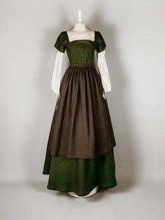 Renaissance Costume DIANA in Moss Green & Dark Gray Linen - Atelier Serraspina Linen Chemise, Period Costumes, Bygone Era, Historical Costume, Historical Events, Gray Linen, Green Dark, Linen Apron