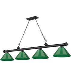 a green light fixture hanging from the ceiling with four lights on each end and two black bars